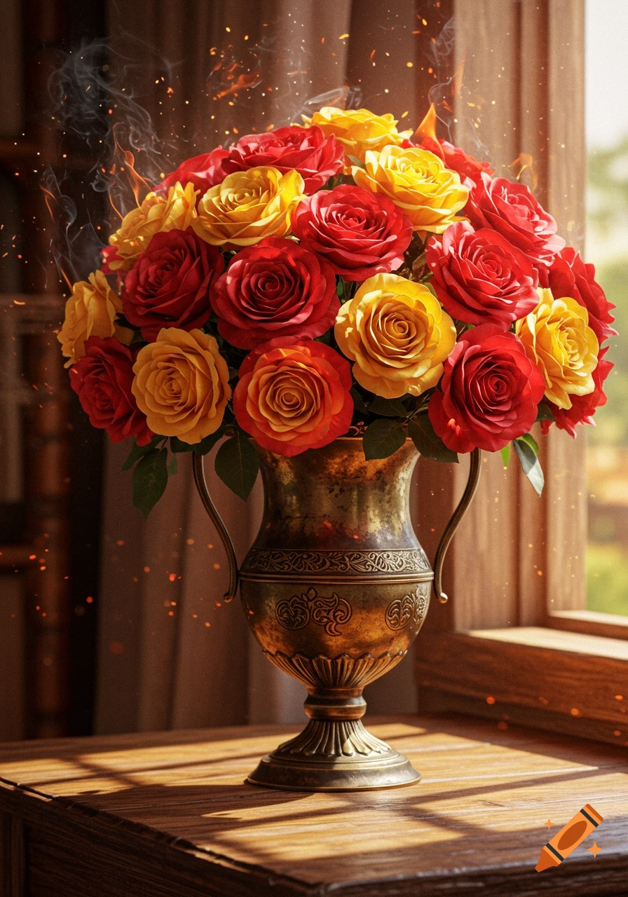 A vintage arrangement of red, yellow, and orange roses in an ornate bronze vase, with smoke and embers, on a sunlit wooden table.