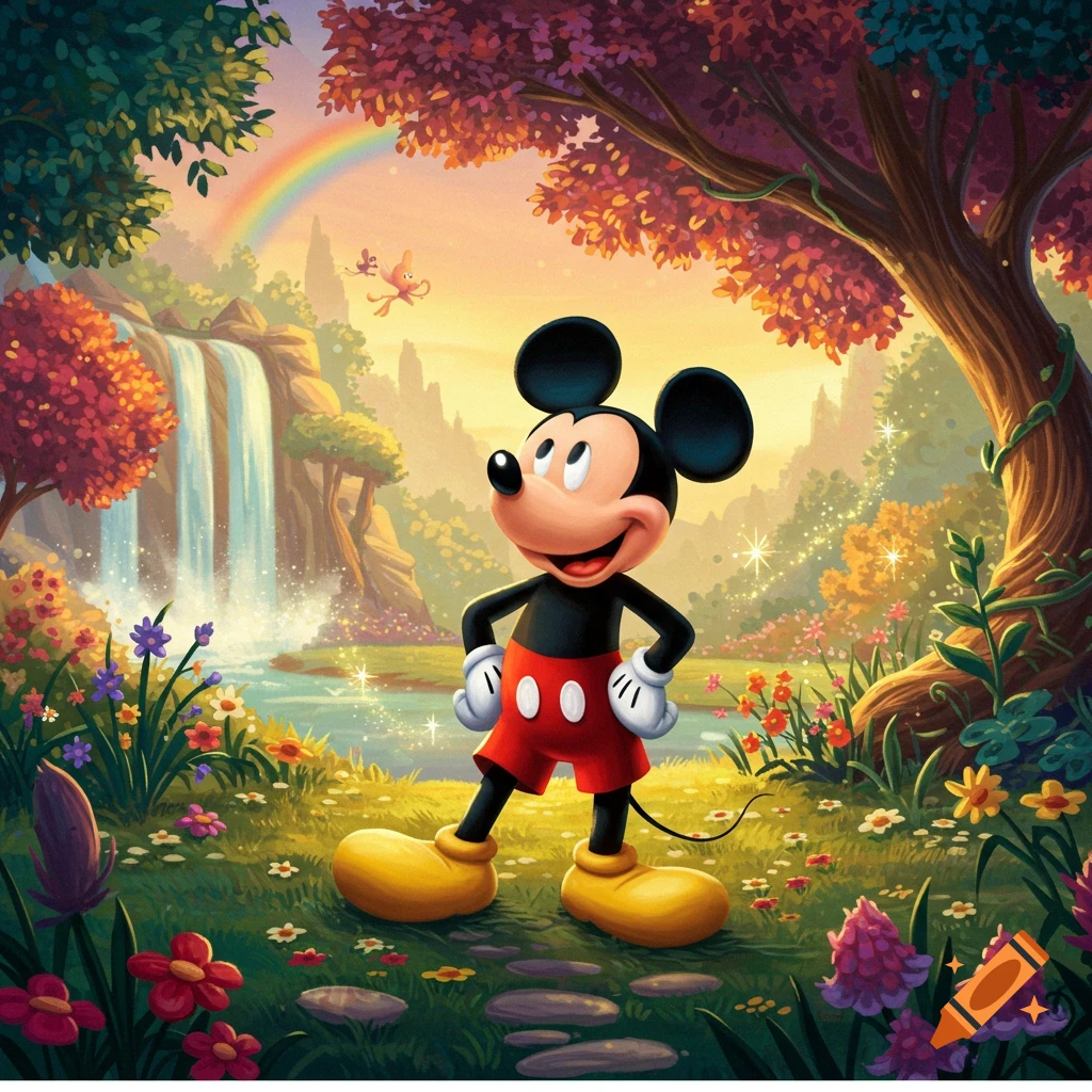 Mickey Mouse stands in a vibrant, magical cartoon forest with a waterfall, rainbow, and sparkling pond.