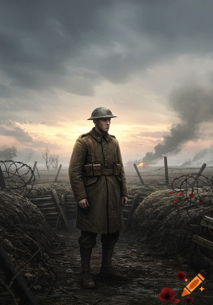 A solemn WWI soldier stands in a muddy trench battlefield with barbed wire, poppies, and distant explosions under a dramatic sky.