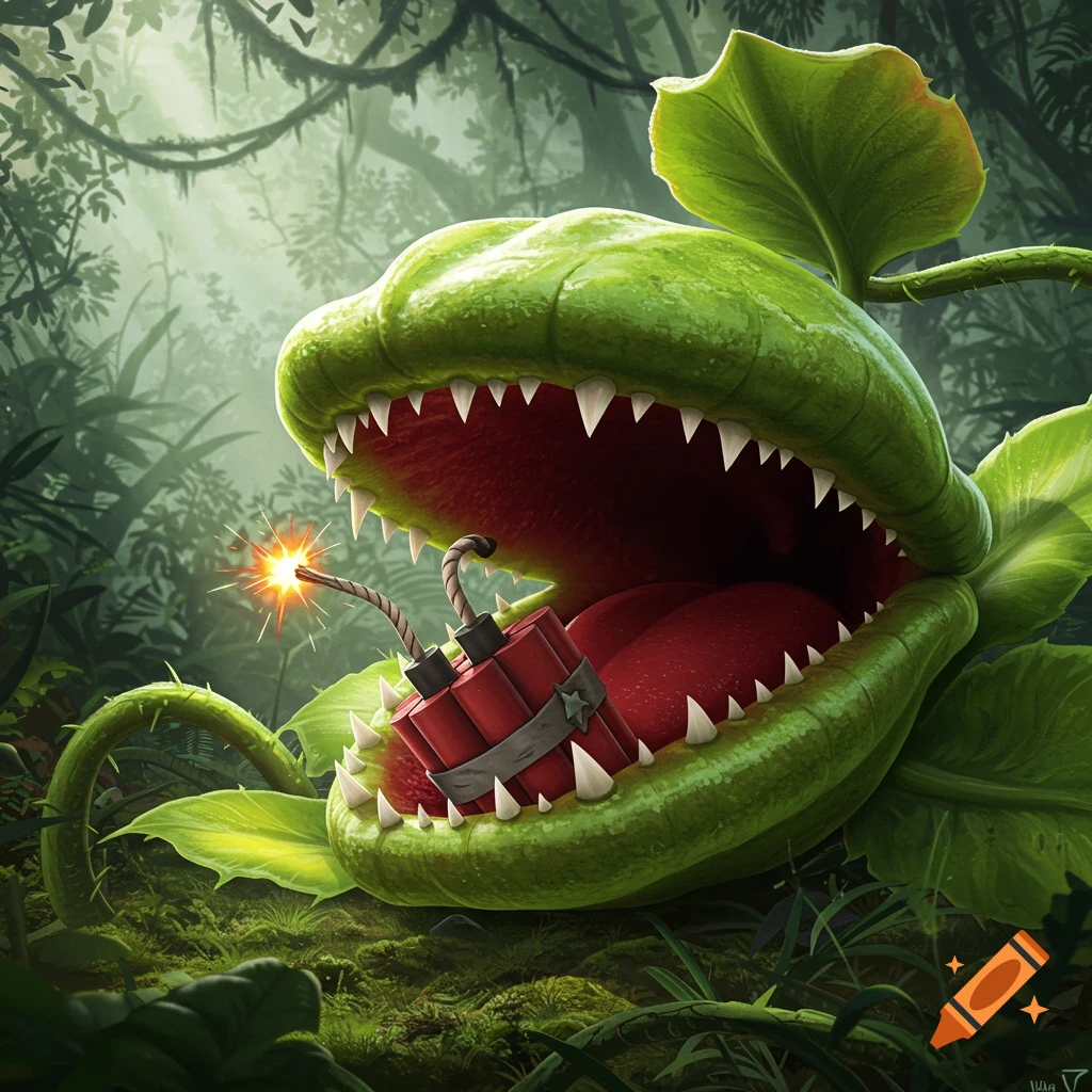A large, cartoonish green Venus flytrap in a jungle opens its mouth, holding lit red dynamite bundles.