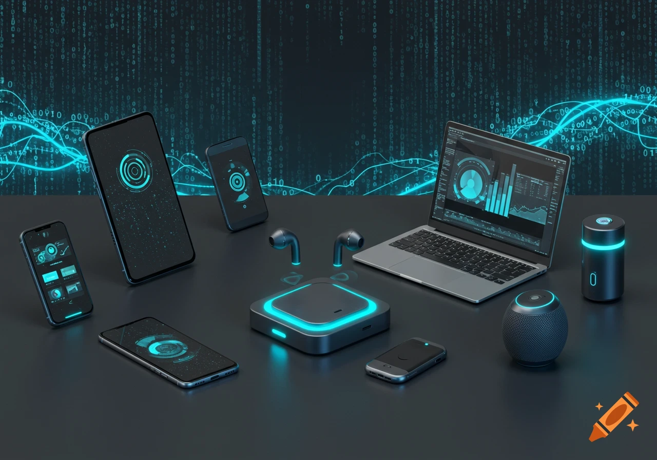 Modern digital gadgets like smartphones, laptop, earbuds, and smart speakers on a dark surface with a glowing blue binary code background.
