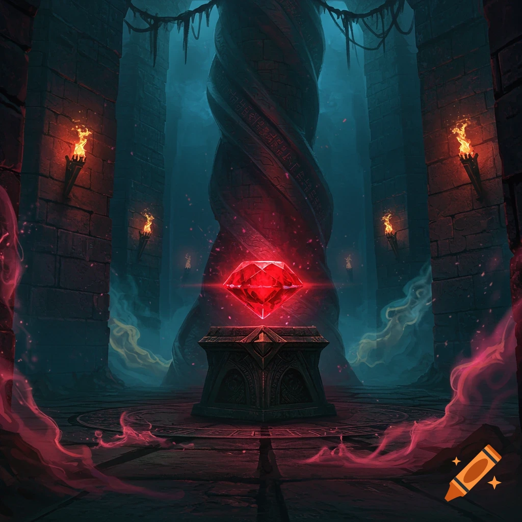 A glowing red ruby floats above an ornate stone pedestal in a dark, ancient dungeon with torchlit pillars and twisted columns.