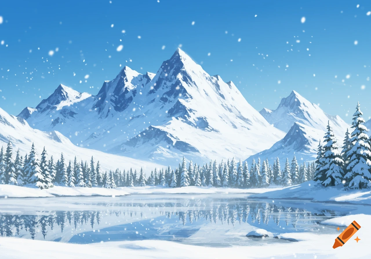 Snowy mountain landscape with pine trees and a frozen lake reflecting the peaks under a blue sky with falling snow.