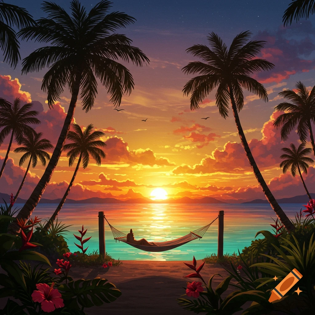 Stylized digital painting: a vibrant tropical sunset over the ocean, framed by palm trees, with a person relaxing in a hammock.