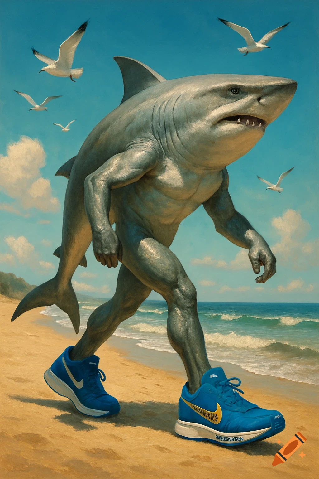 A muscular, anthropomorphic shark with human legs wears blue Nike sneakers and walks on a sandy beach. Seagulls fly overhead under a blue sky.