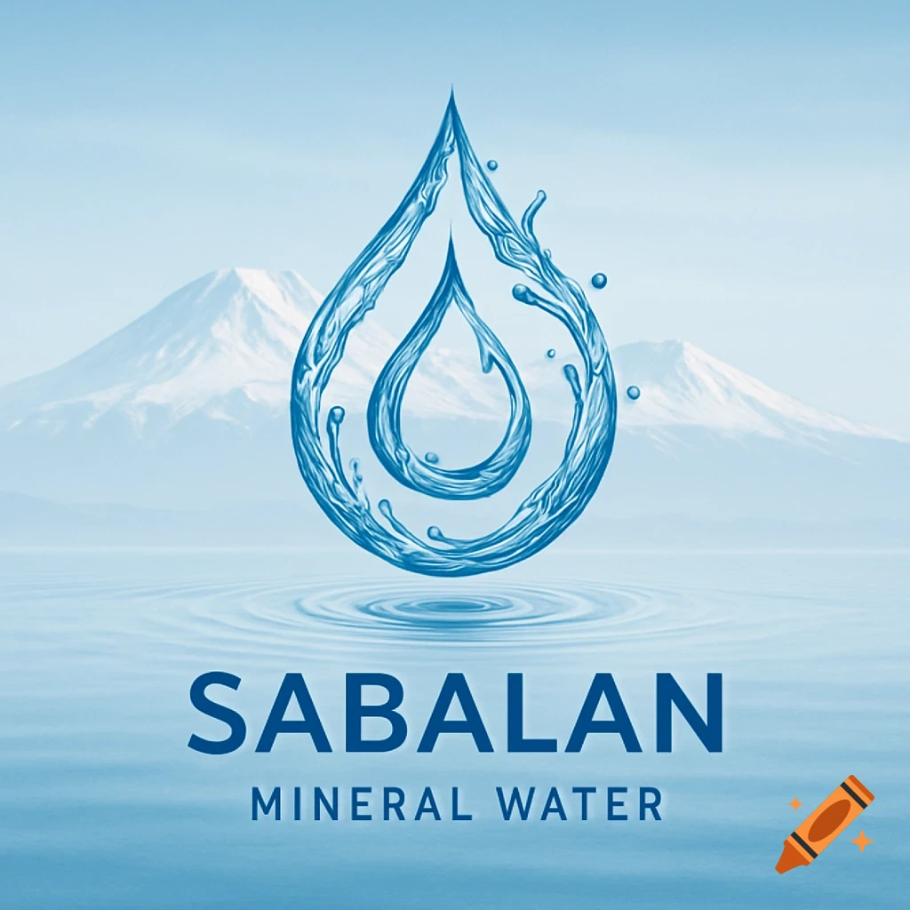 A blue water droplet logo with ripples, against a backdrop of mountains and a blue sky, with 'SABALAN MINERAL WATER' text.