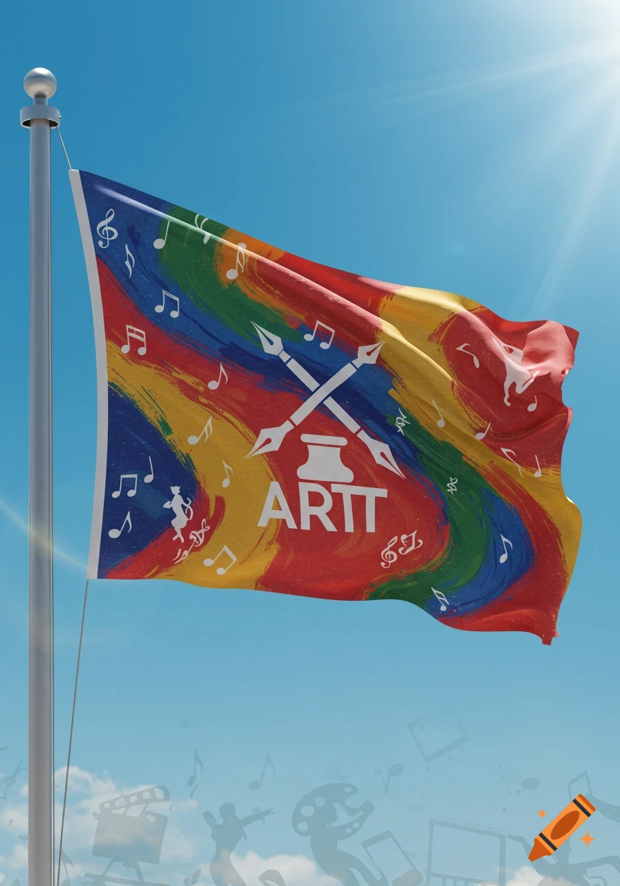 A colorful flag with rainbow paint strokes, music notes, crossed paintbrushes, and 'ARTT' text, waving against a blue sky.