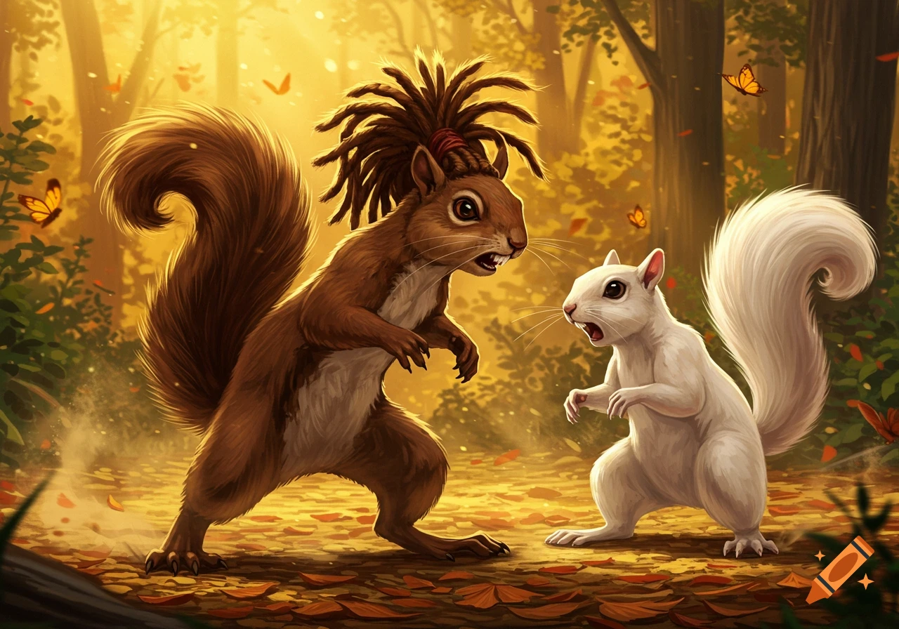 A brown squirrel with dreadlocks aggressively confronts a white squirrel in an autumn forest illustration.