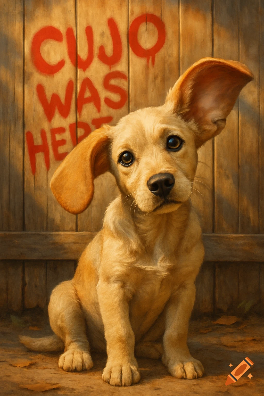 A cute golden puppy with large floppy ears sits in front of a wooden fence with "CUJO WAS HERE" painted in red.