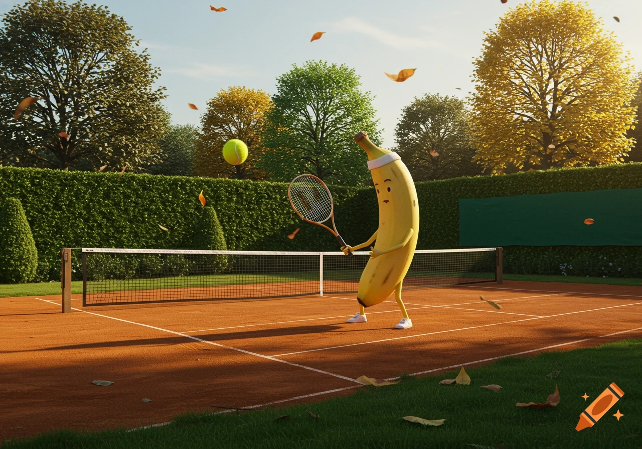 An anthropomorphic banana wearing a sweatband and holding a tennis racket on a clay court, with a tennis ball in the air.