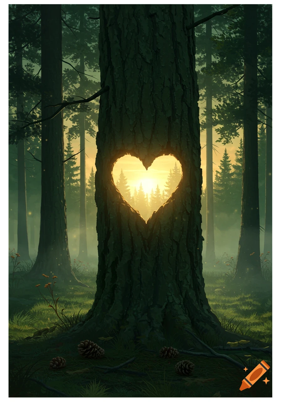 A large tree in a misty pine forest with a heart-shaped hole, glowing with sunrise light.