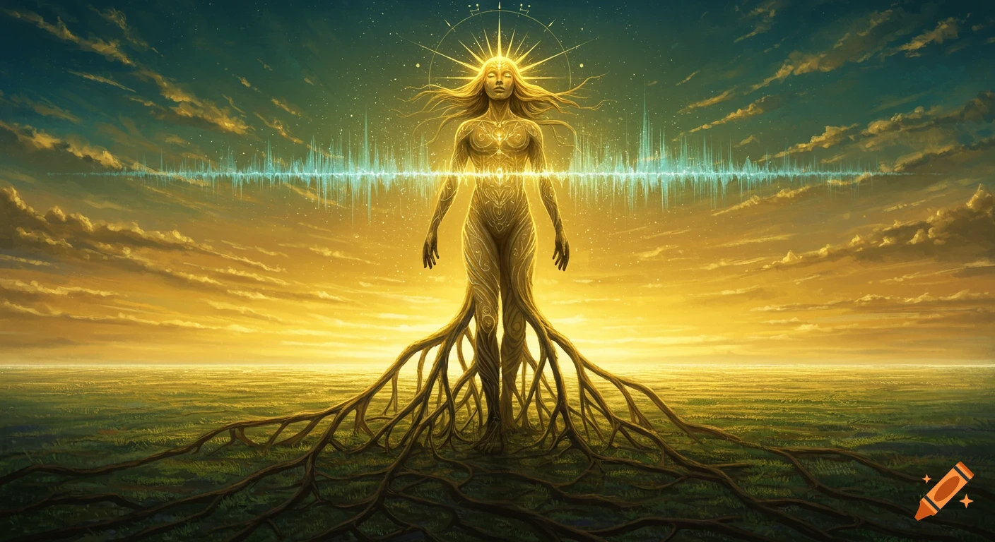 Ethereal, radiant figure with roots spreading into the earth, standing under a golden-blue sky with a glowing soundwave aura, digital art.