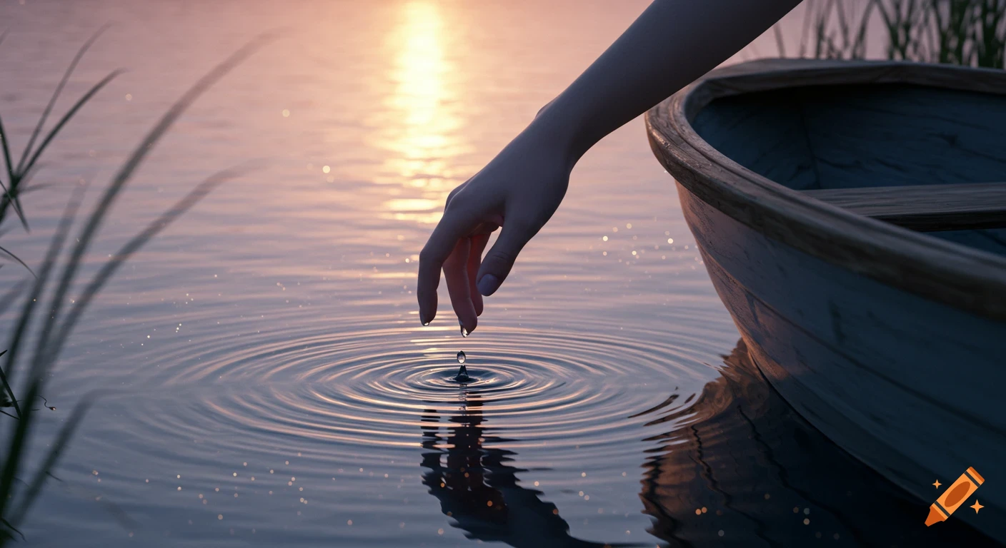 Photorealistic image of a hand dipping fingers into calm lake water, creating ripples, next to a boat at sunset.
