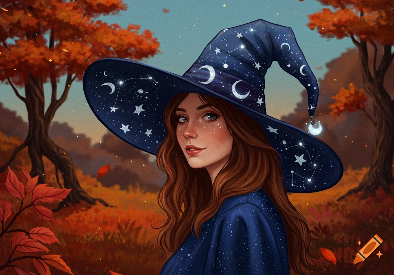 An illustration of a woman with long brown hair wearing a blue witch hat with stars and moons, in an autumn forest.