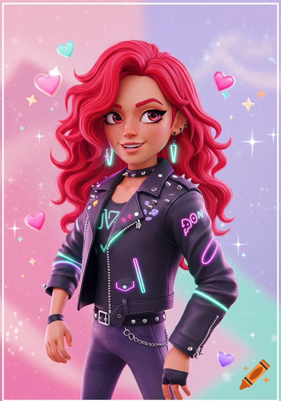 A stylized Zepeto character with bright red curly hair, freckles, and a black studded leather jacket with neon accents, against a sparkling pink and purple background.