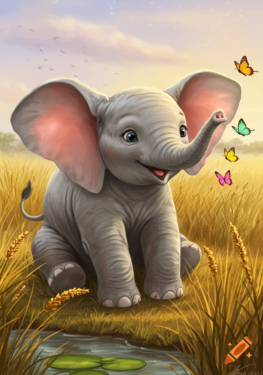 Cute cartoon baby elephant illustration, sitting in a grassy field by a pond, looking at colorful butterflies.