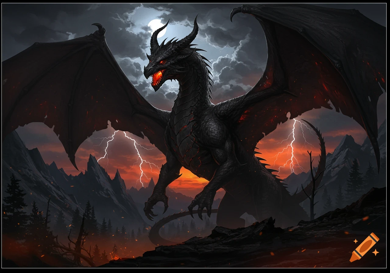 A majestic black dragon with glowing red eyes and mouth, wings spread, stands amidst a stormy, fiery mountain landscape with lightning.