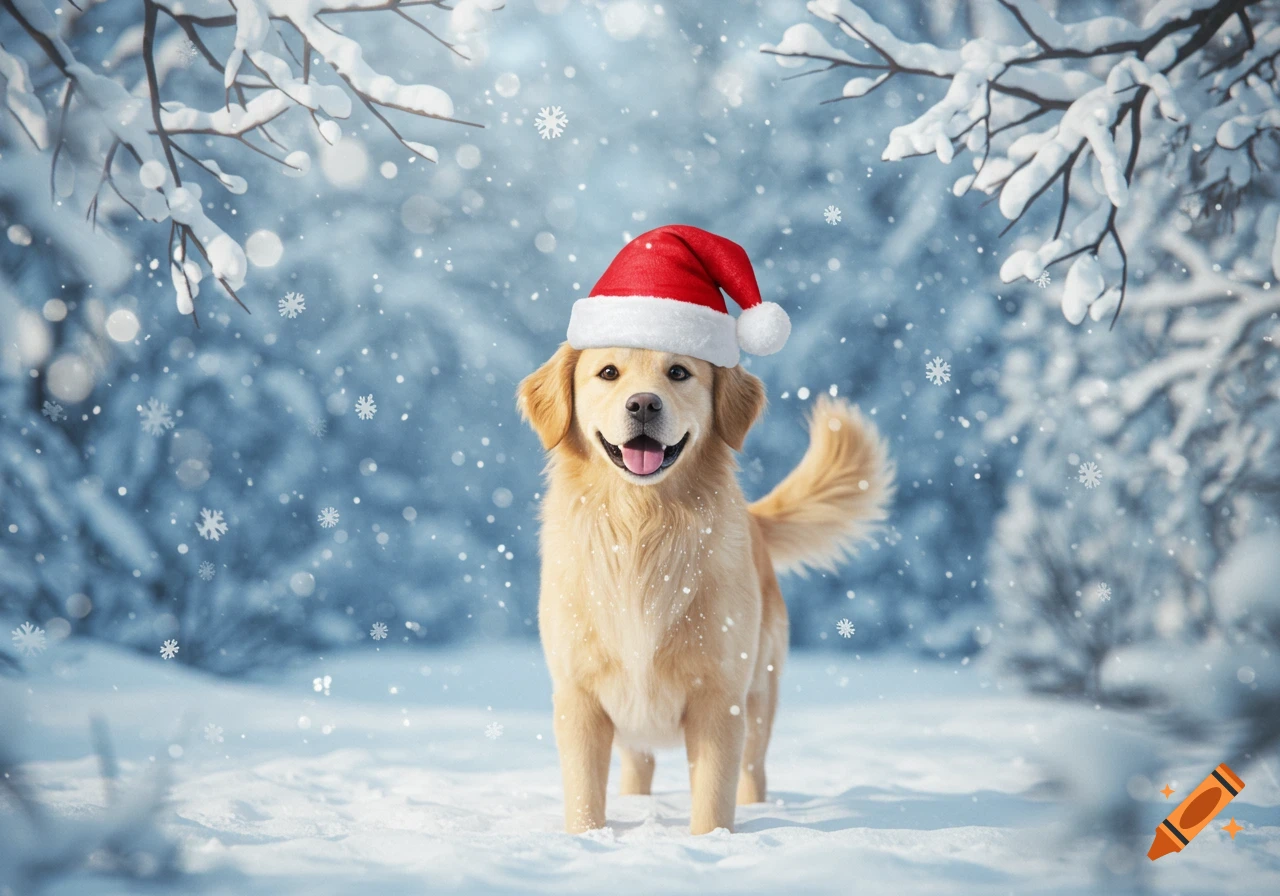 A smiling golden retriever dog wearing a red Santa hat stands in a snowy forest with snowflakes falling.