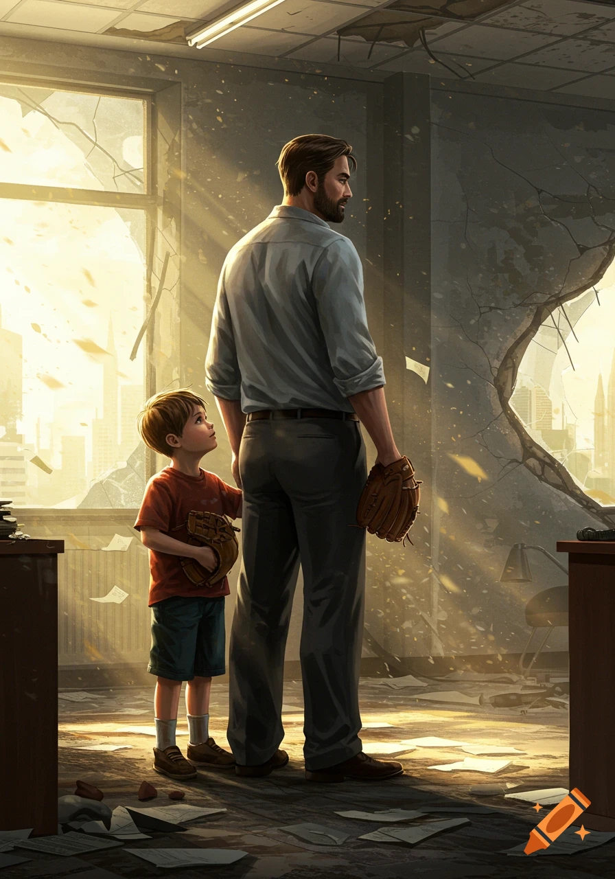 A father and son with baseball gloves stand in a sunlit, ruined office, looking out at a city. Digital painting.