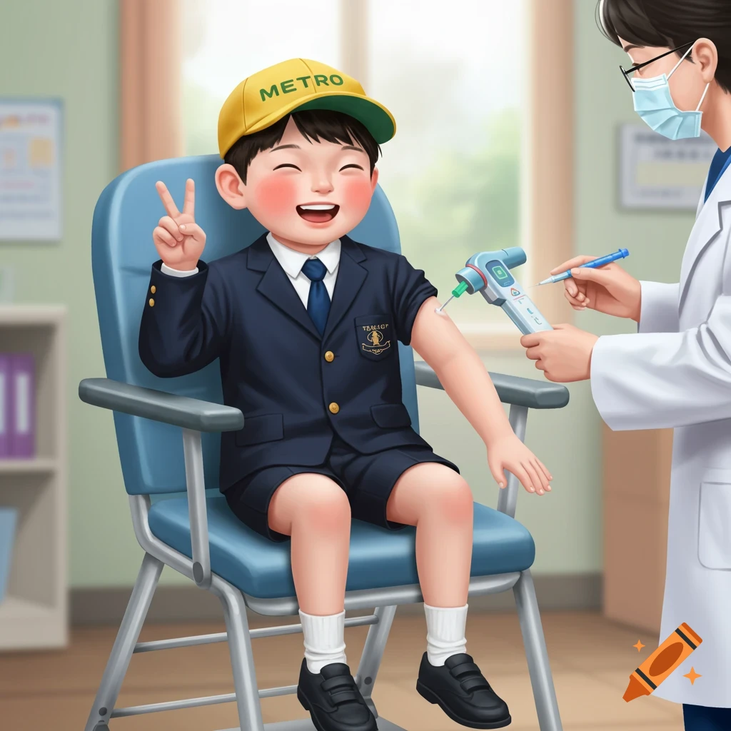 A smiling kindergarten boy in a uniform and 'Metro' cap gets a needle-free injection from a masked doctor, making a V sign.