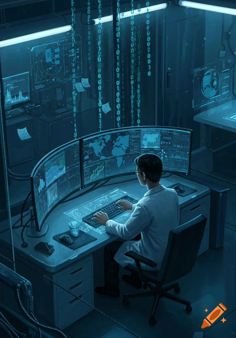 A person in a lab coat works at a multi-monitor computer station in a dark, high-tech room with blue binary code falling from the ceiling.