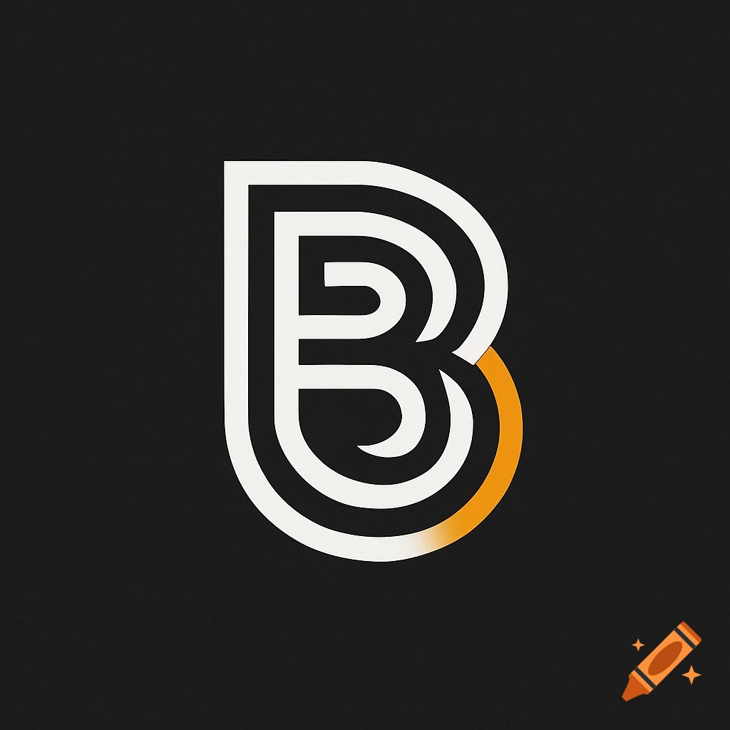 A minimalist abstract logo features a stylized letter B formed by concentric white lines, with a part of the outer line fading into orange on a dark background.