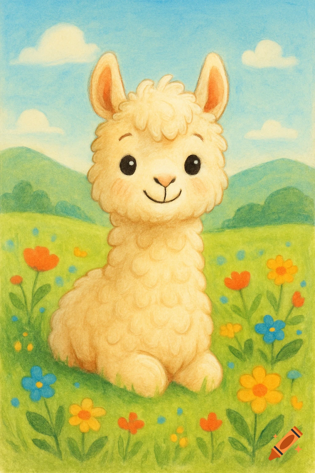 A cute, fluffy llama with big eyes sits in a vibrant green field surrounded by colorful flowers, in a charming illustration style.