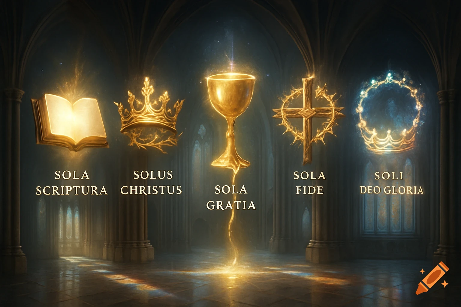 Five glowing golden religious symbols (open book, crown, chalice, cross, crown) with Latin text, set in a mystical, dark church interior.
