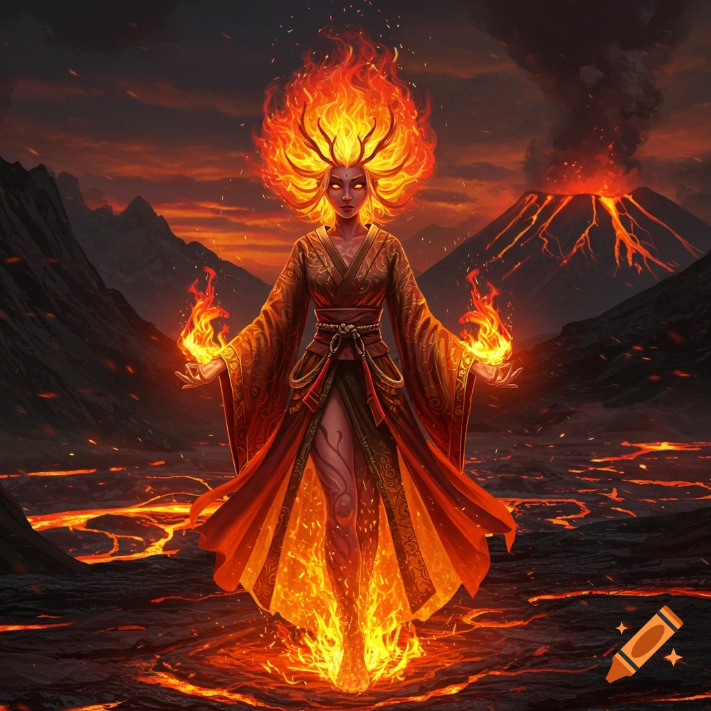 A powerful fire elemental woman in a patterned robe stands amidst flowing lava, with an erupting volcano in the background, digital art.