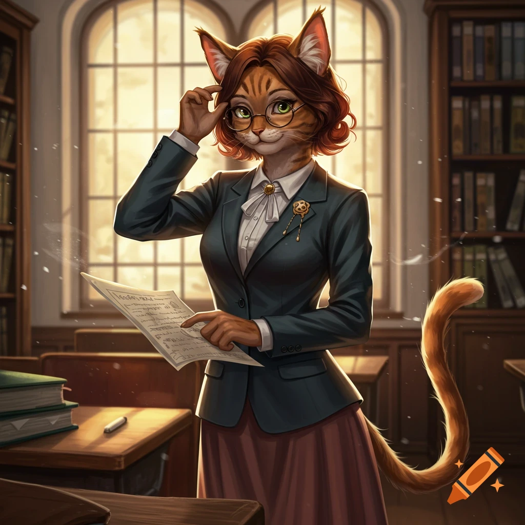 A serious-looking catgirl professor in a suit and skirt adjusts her glasses while holding a document in a sunlit classroom.