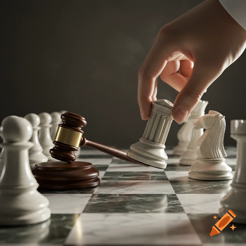 A hand moves a column-shaped chess piece over a gavel on a marble chessboard in a photorealistic 3D render.
