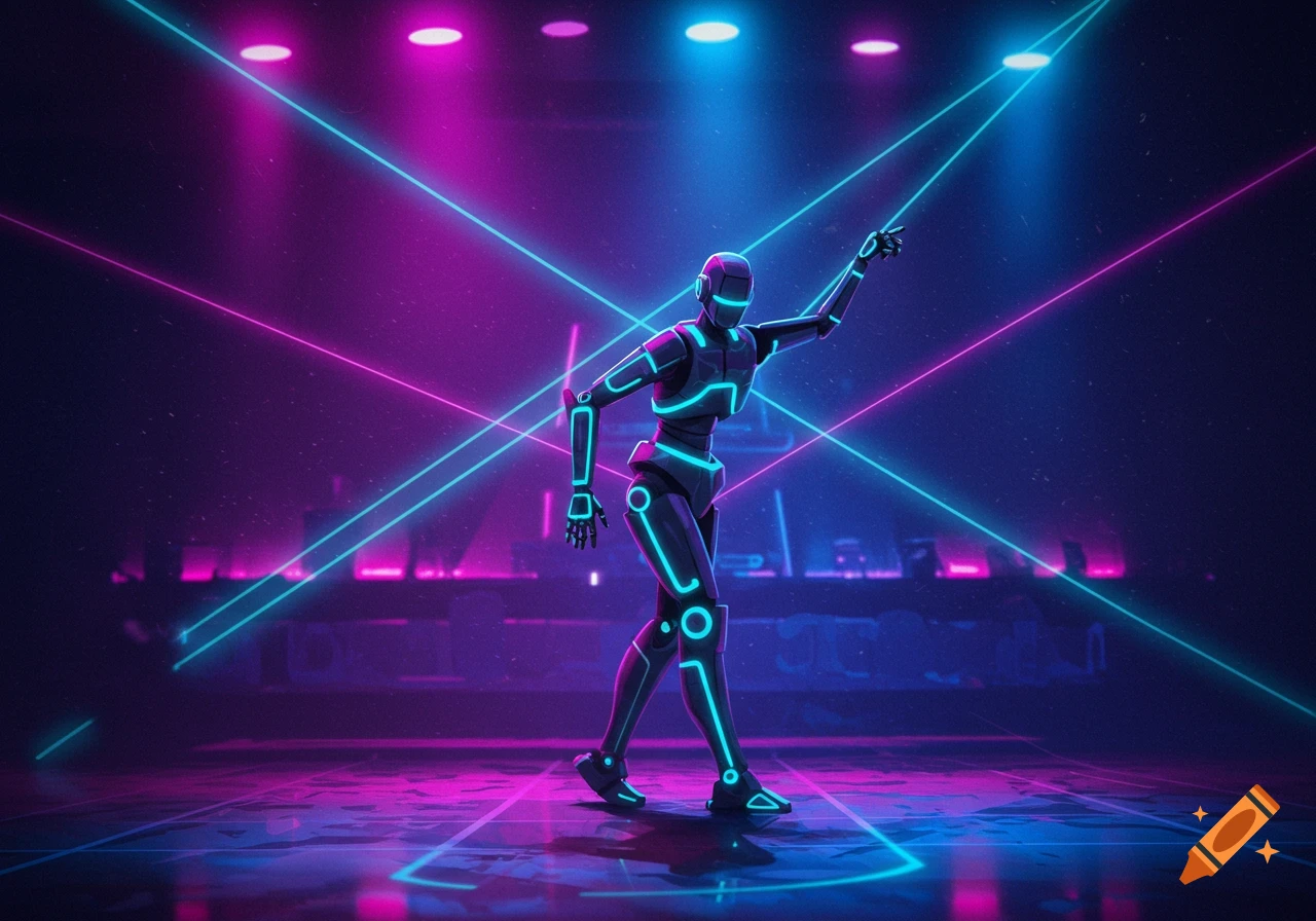 A robot with glowing blue lines dances on a stage lit by pink and blue lasers in a dark, futuristic setting.