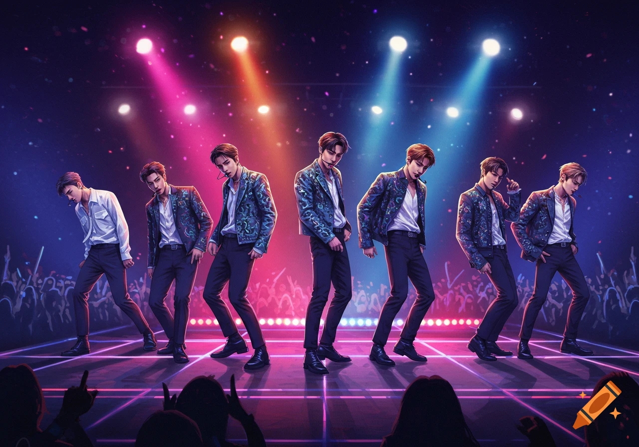A vibrant digital art image of a Kpop boy group performing on a stage under colorful spotlights with a cheering crowd.