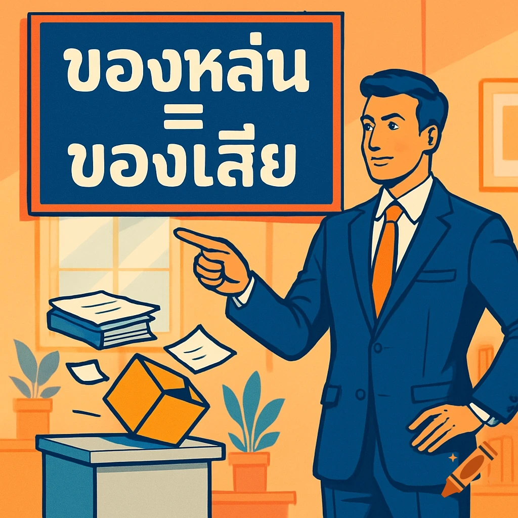 Illustration of a man in a suit pointing at an election box, with Thai text on a blue board behind him.
