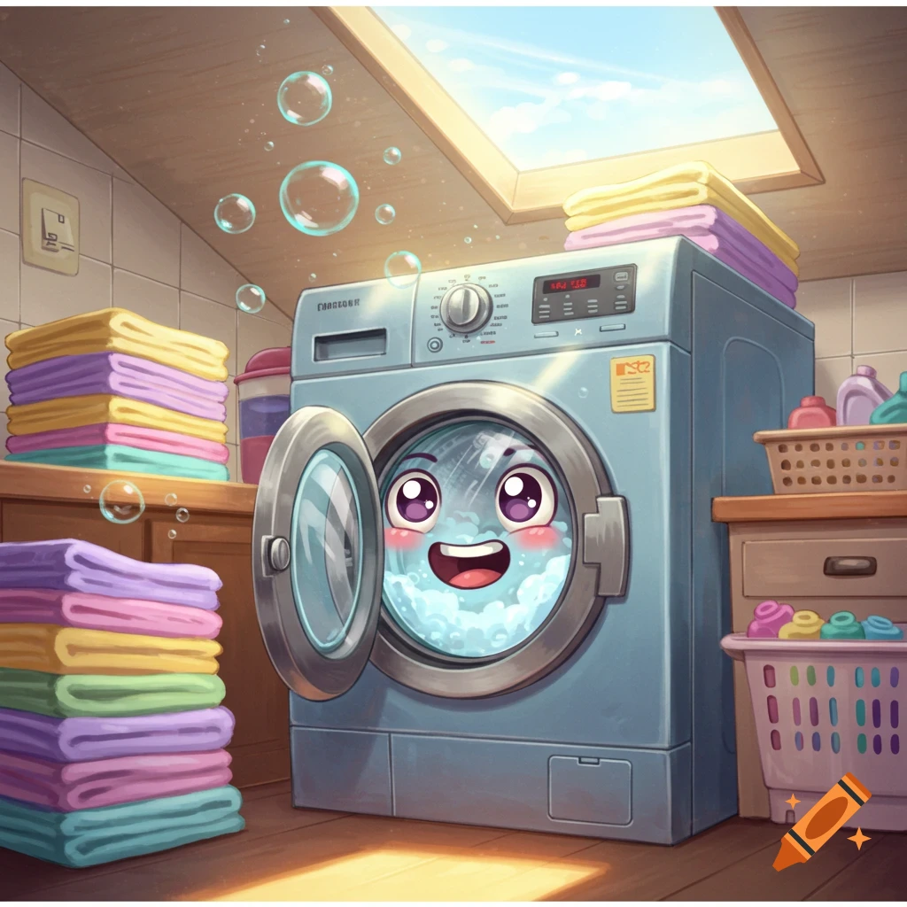 A cute, smiling cartoon washing machine with open door and bubbles in a sunny laundry room with stacks of folded towels.