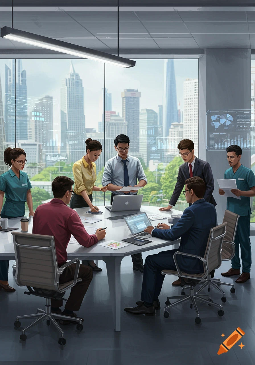 A diverse group of professionals gathers around a modern conference table, looking at laptops and documents with a cityscape visible through large windows.