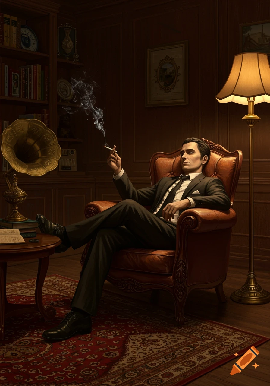 A man in a suit sits in a leather armchair, smoking in a dimly lit, vintage room with a gramophone.