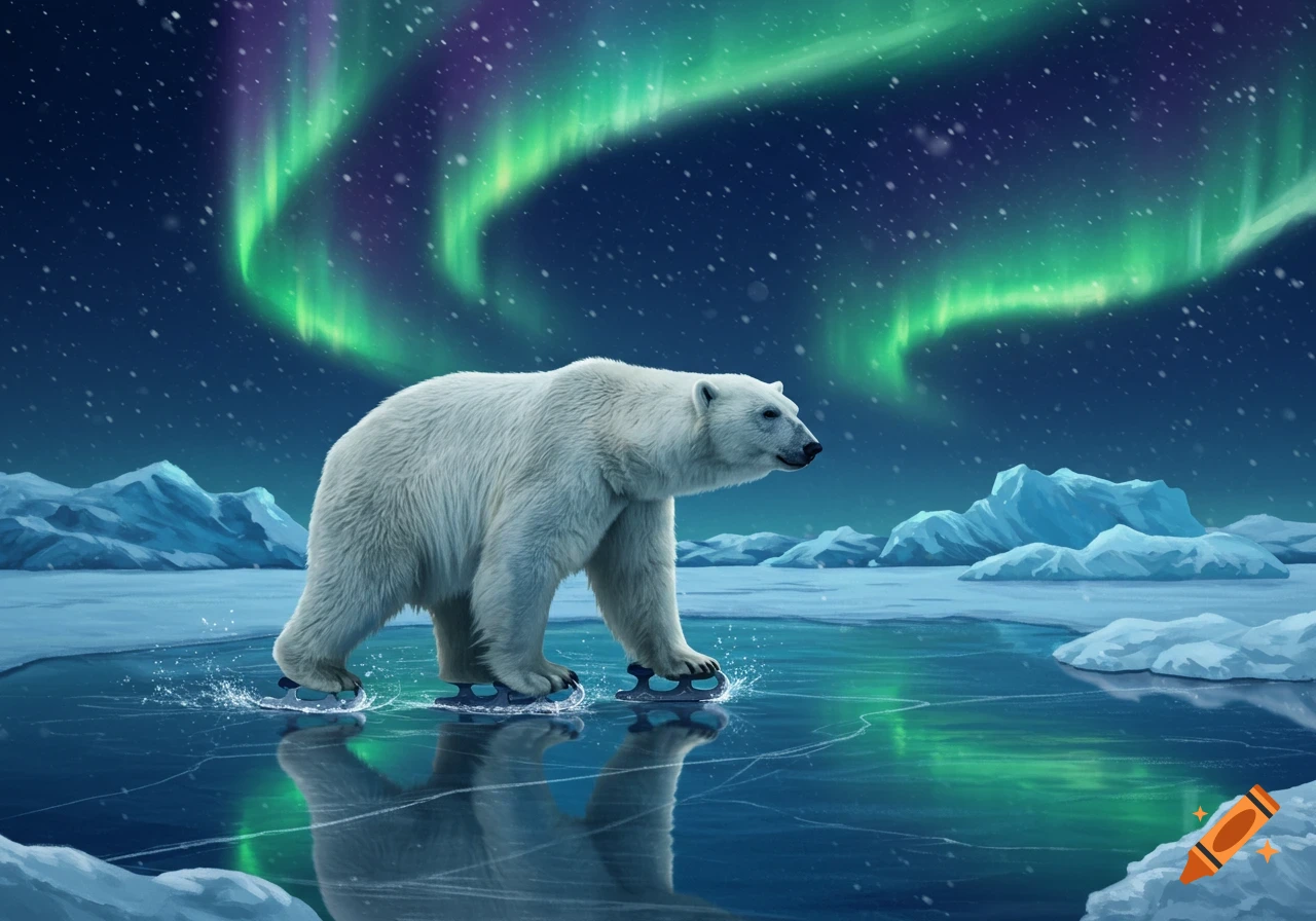 A polar bear ice skates on a frozen lake under a starry night sky with vibrant green aurora borealis.