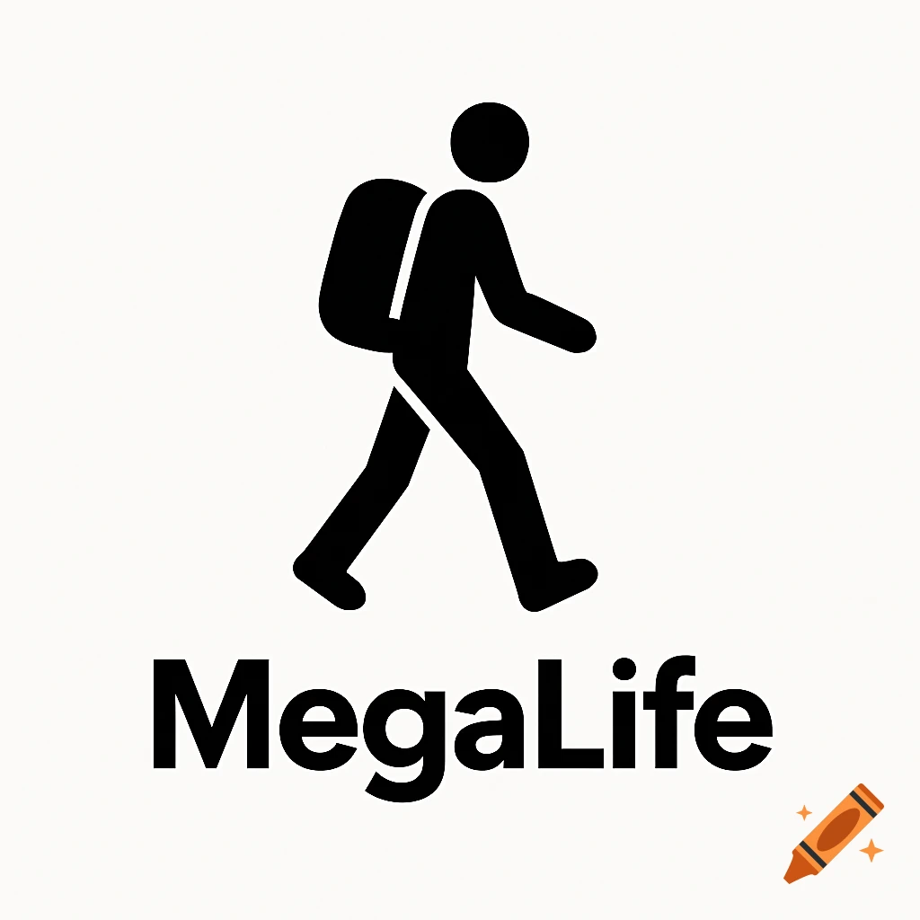 Minimalist black and white logo with a silhouette of a person walking with a backpack, and the text 'MegaLife'.