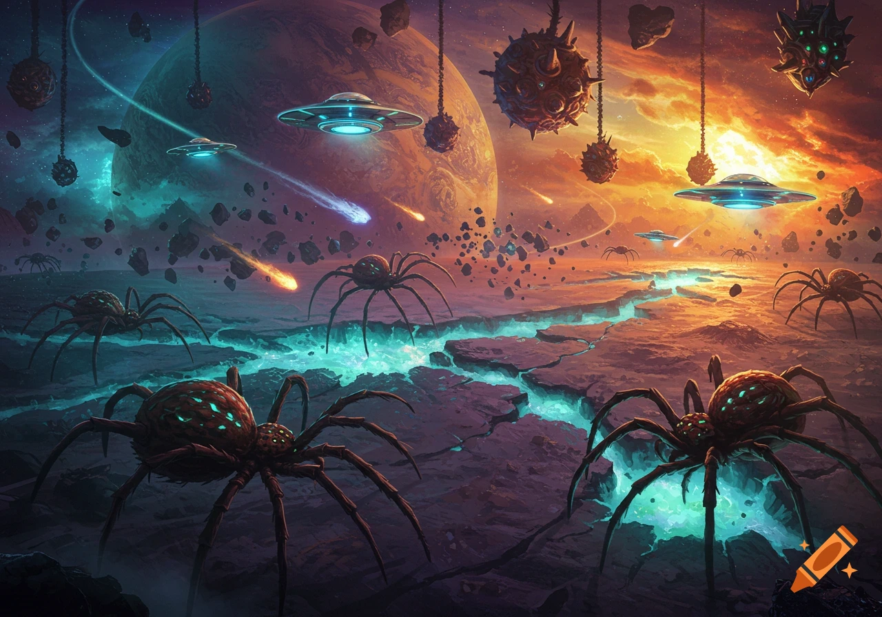 Giant spiders on a cracked alien planet with glowing fissures. UFOs and meteors fly across a cosmic sky with a large planet and spiked bombs. Digital art.