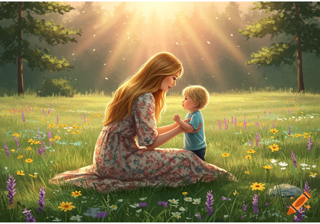 Illustrated mother and son sitting in a sunny, flowery meadow, looking at each other.