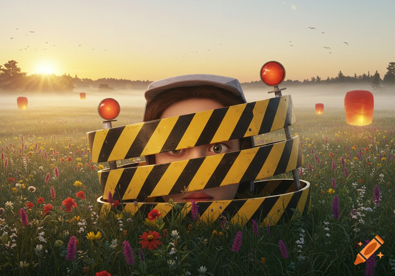 A person's eyes and mouth peer through a construction barricade in a misty wildflower field with floating lanterns at sunrise.