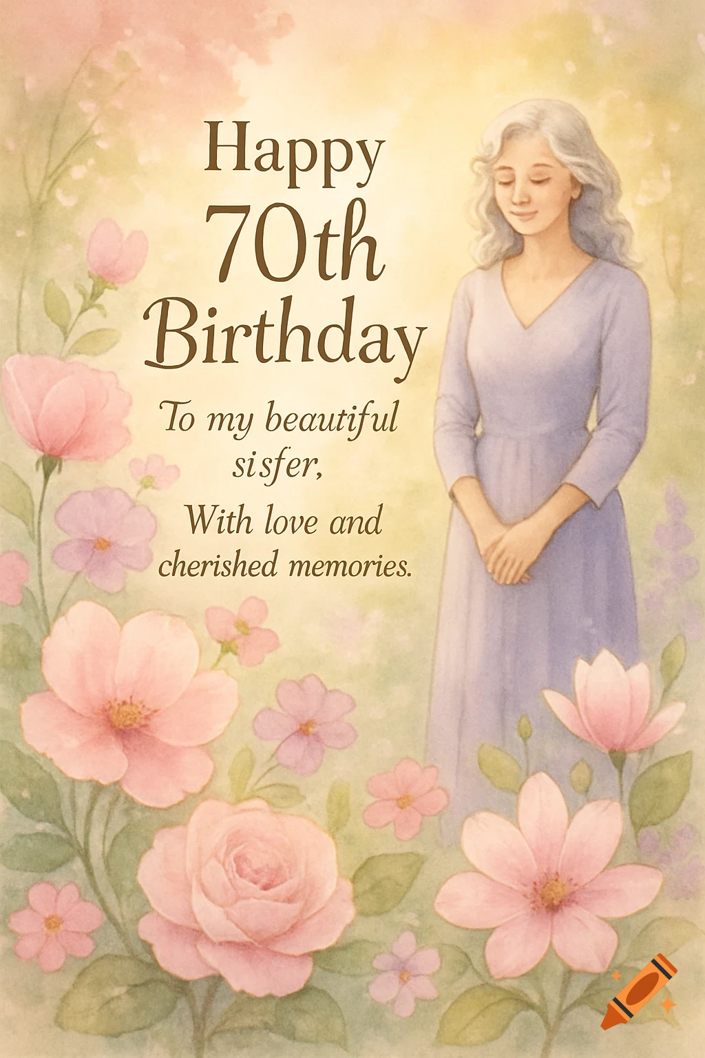 A watercolor birthday card with a woman in a purple dress on the right, surrounded by pink and purple flowers. Text reads 'Happy 70th Birthday To my beautiful sister, With love and cherished memories.'