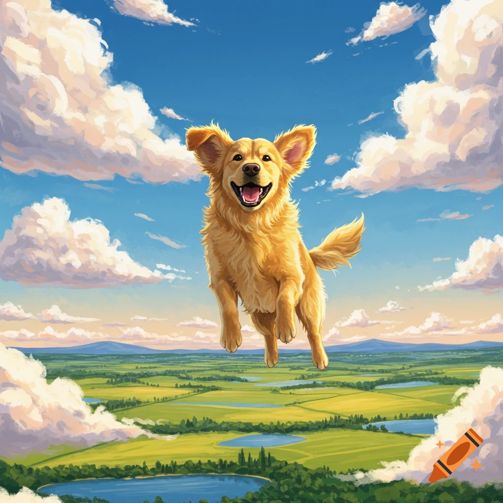 A happy golden retriever dog flying in a bright blue sky with clouds over a green landscape, digital painting.