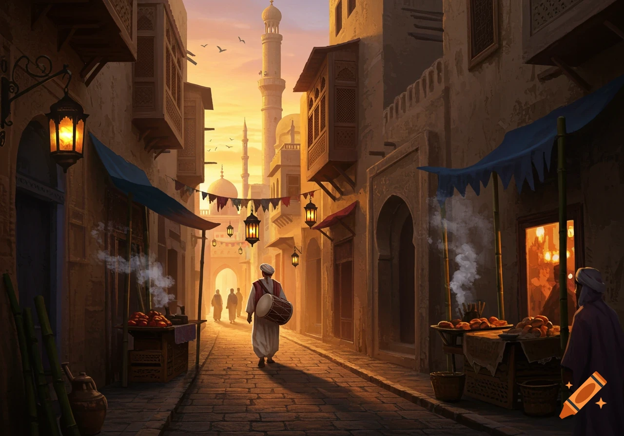 An illustration of a man with a drum walking through a vibrant, narrow market street at sunset, flanked by traditional buildings and stalls.