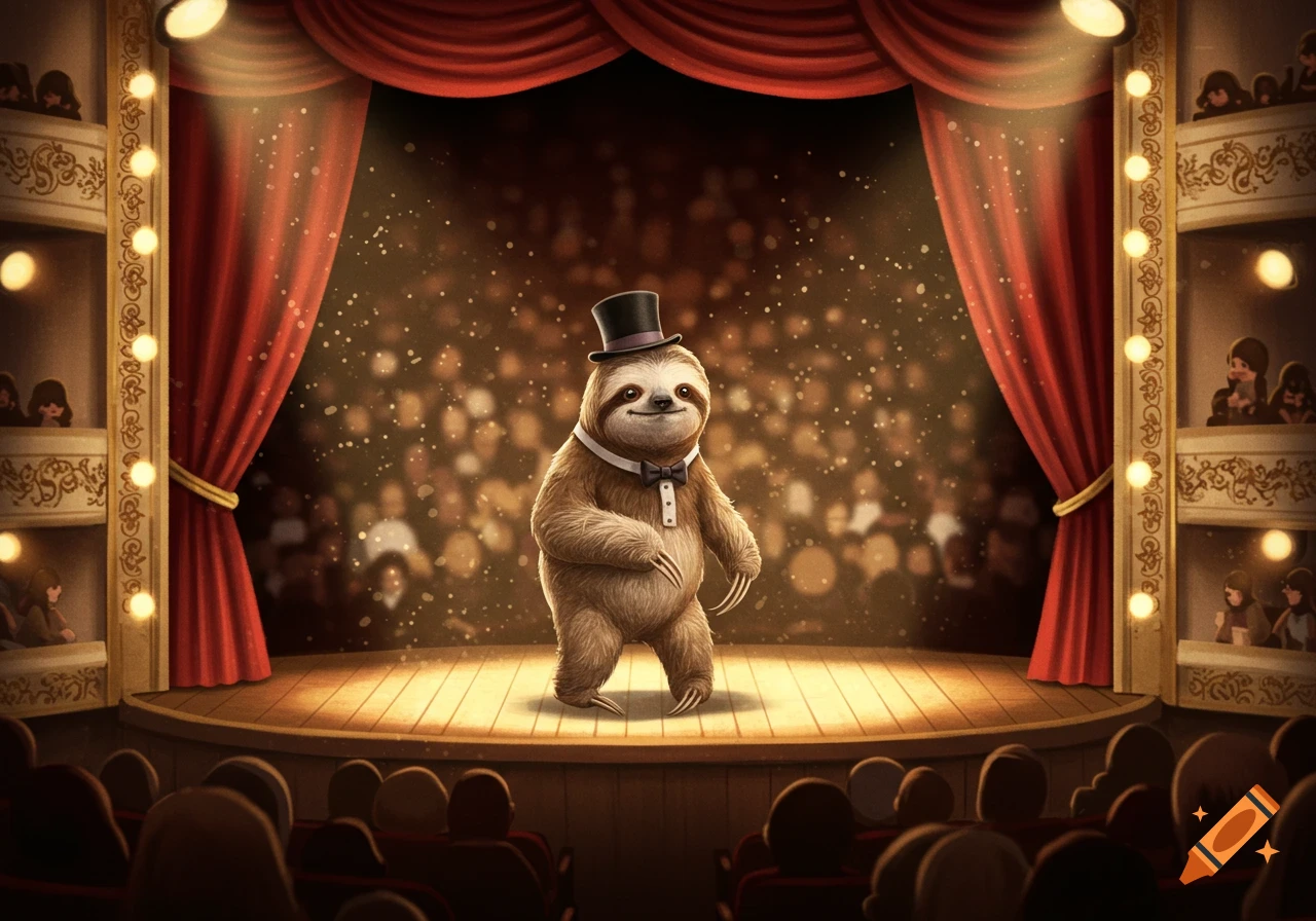 A happy sloth in a top hat and bowtie stands on a spotlight-lit stage with red curtains and an audience.