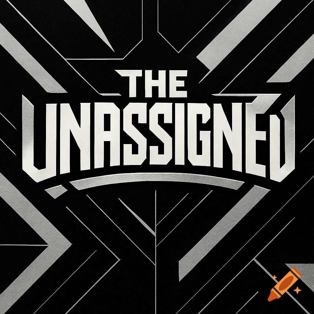 Stylized black and white logo for 'The Unassigned' band with angular silver lines.