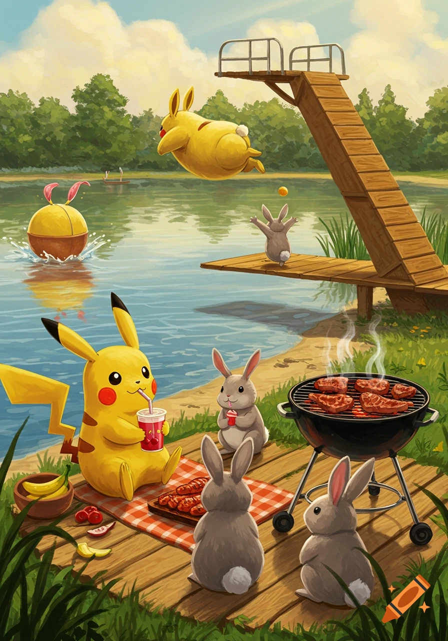 Pikachu and several rabbits enjoy a lakeside picnic. Pikachu sips a drink, while another round, yellow, rabbit-like creature jumps from a diving board into the water, and rabbits watch a barbecue grill.