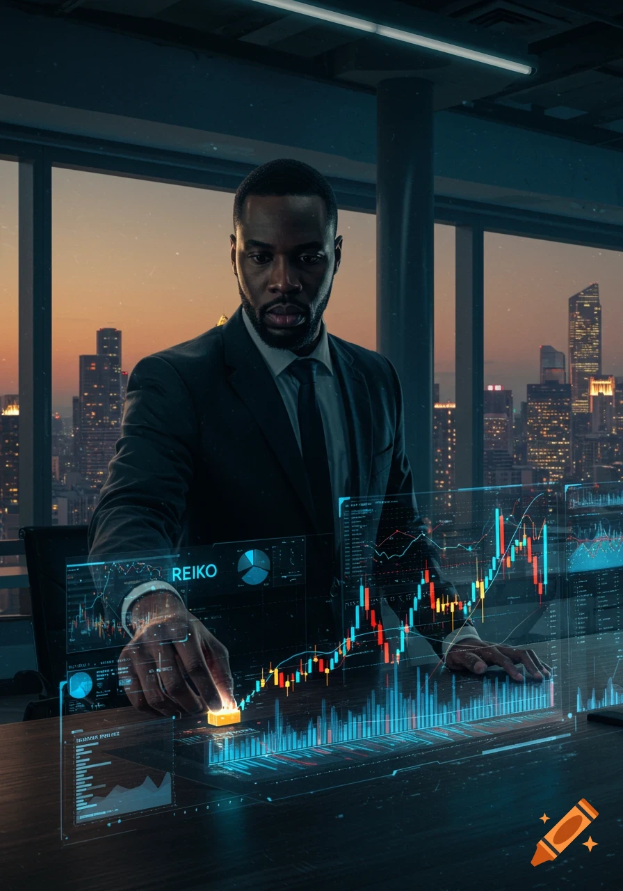 A man in a suit interacts with a glowing holographic financial chart in a modern office overlooking a cityscape at dusk.