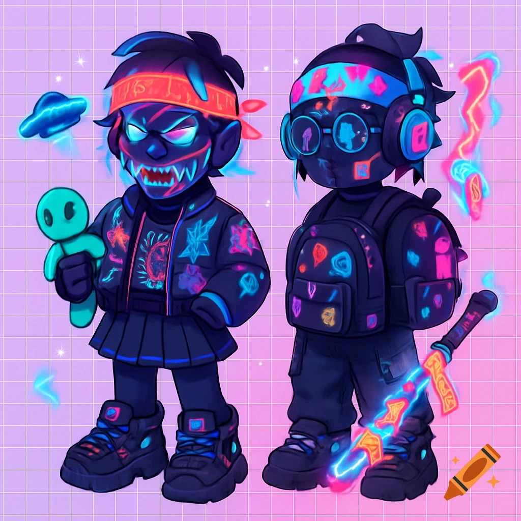 Two stylized anime characters in dark outfits with neon glow accents, one holding an alien plush, the other a glowing energy bat.